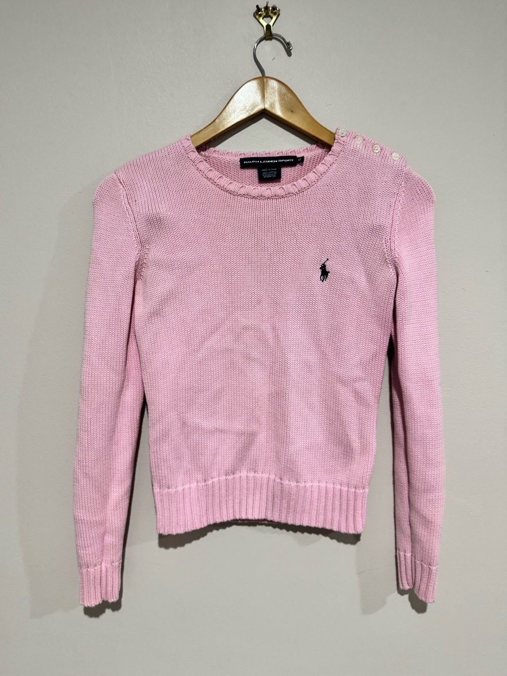 Ralph Lauren Sport Womens XS Pink Cotton Knit Logo Polo Pony Crewneck Sweater